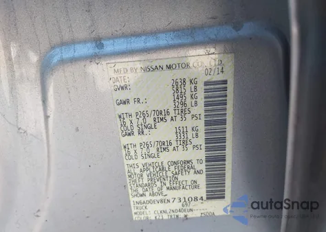 2014 Nissan Frontier Pro-4X/S/Sl/Sv from USA, damaged, VIN 1N6AD0EV8EN731084